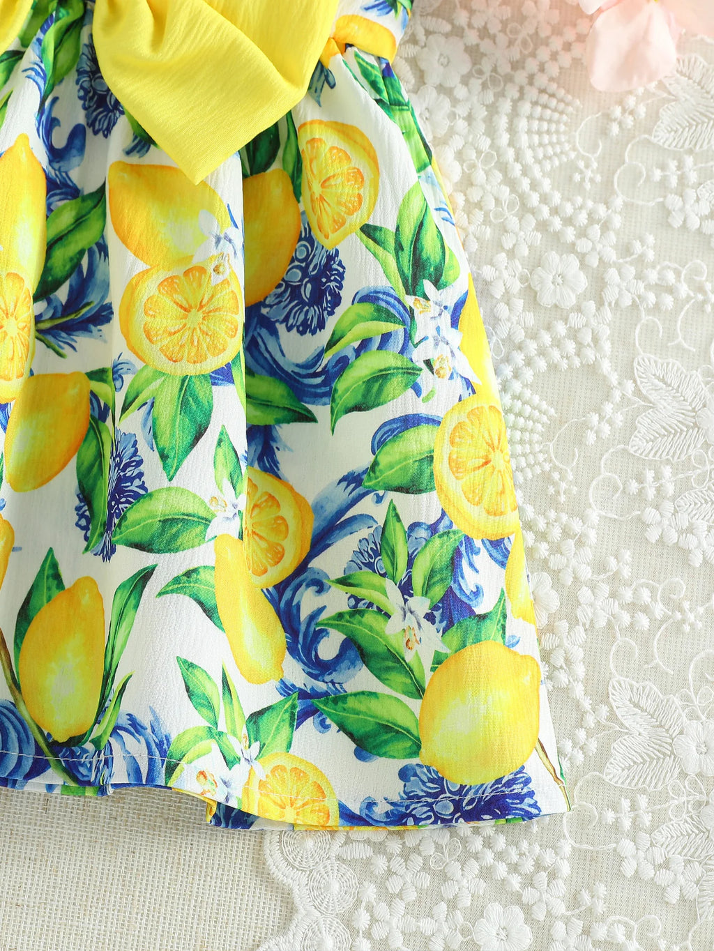 Toddler lemon print sundress with 3D bow, soft & breathable fabric, ideal for daily wear & vacation.