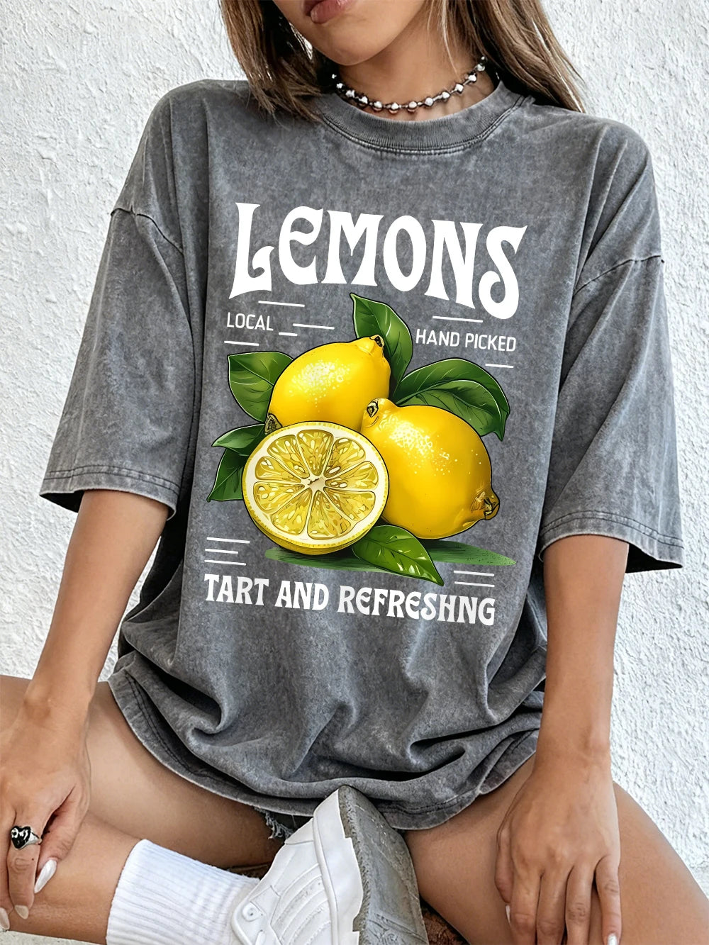 Lemons Local Hand Pickedprints Washed T-Shirts Women Cotton Oversize Tops Comfortable Distressed O-Neck T Shirt Summer Clothes