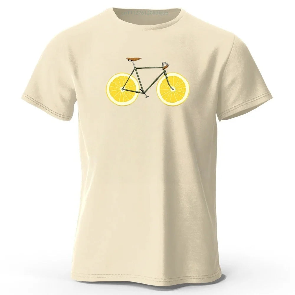 Summer New Fresh Lemon Bicycle Pure Cotton T-shirt 2026 Men's Leisure and Entertainment Printed T-shirt Large Loose Sports Top