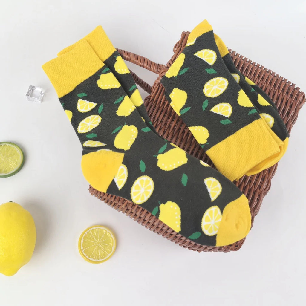1 Pair/2 Pairs Women's Lemon Print Mid-Calf Socks - Breathable And Soft Fabric,  Everyday Comfortable Footwear