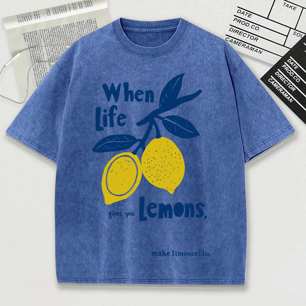 When Life Gives You Lemons Make Limoncello Washed Male T-Shirt Summer O-Neck T Shirt Unisex Soft Cotton Top Retro Short Sleeve