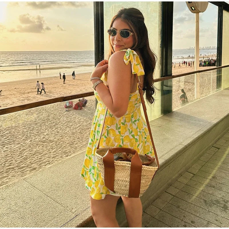 Summer Lemon Print Mini Slip Dress For Women Sweet Square Neck Sleeveless Short Beach Dress Lady Street Holiday Party Vestidos