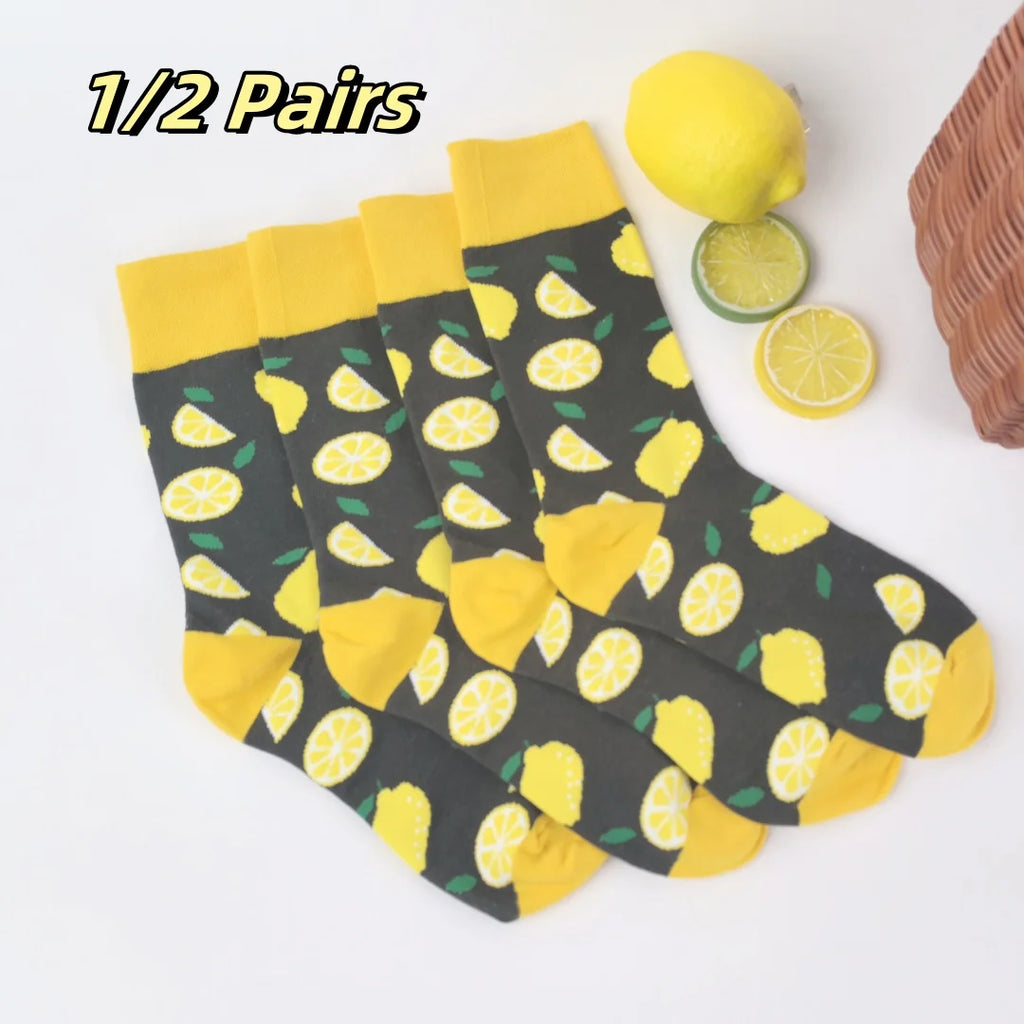 1 Pair/2 Pairs Women's Lemon Print Mid-Calf Socks - Breathable And Soft Fabric,  Everyday Comfortable Footwear