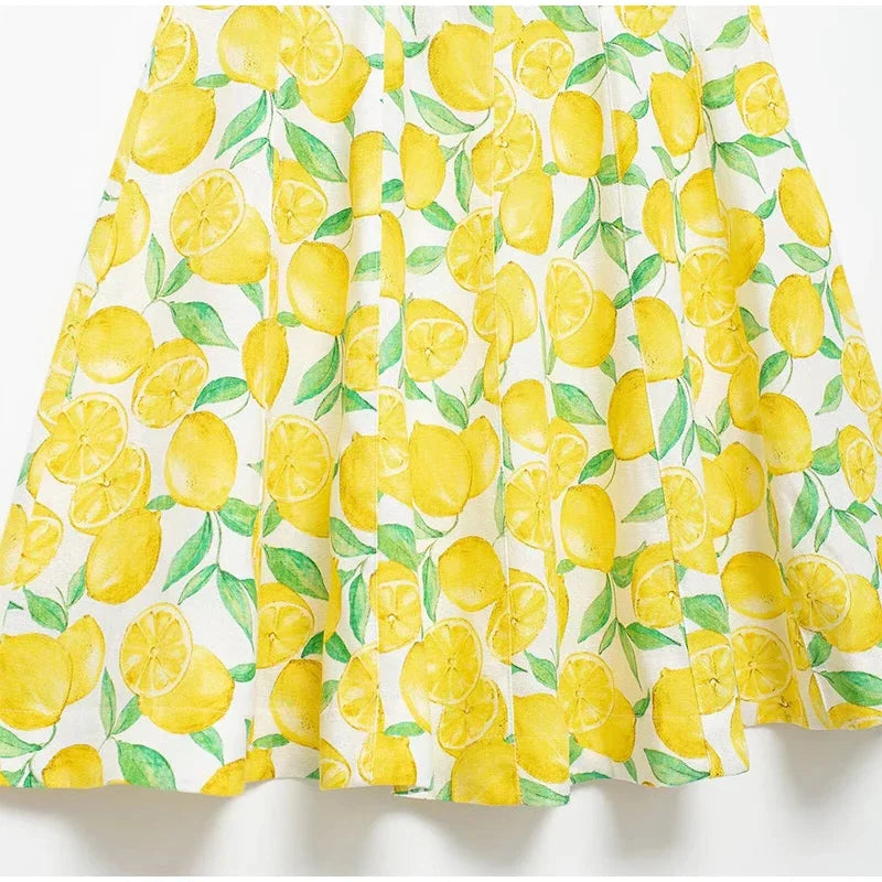 Summer Lemon Print Mini Slip Dress For Women Sweet Square Neck Sleeveless Short Beach Dress Lady Street Holiday Party Vestidos