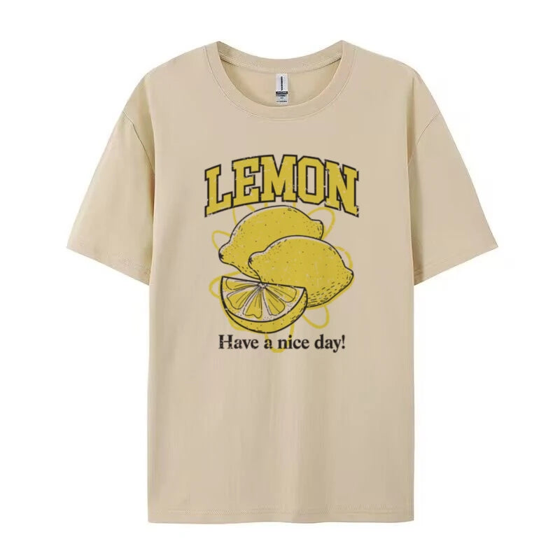 Retro Style Lemon Print T-Shirts Oversized Streetwear Graphic Tees Cute Aesthetic Fruit T Shirt Women Trendy Vintage Fashion Top