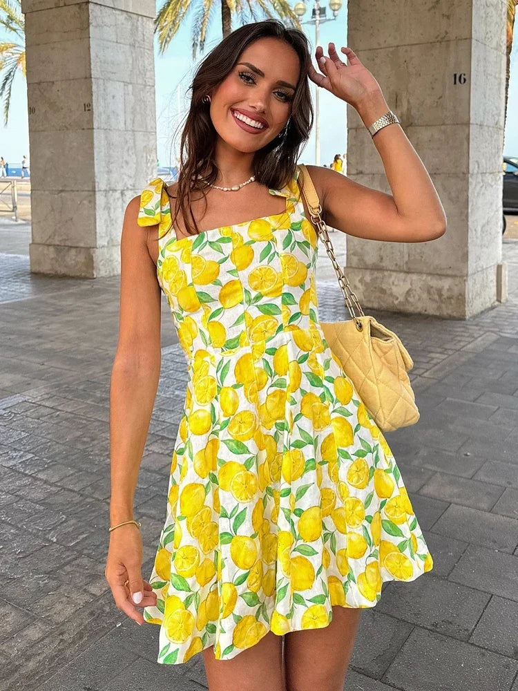 Summer Lemon Print Mini Slip Dress For Women Sweet Square Neck Sleeveless Short Beach Dress Lady Street Holiday Party Vestidos