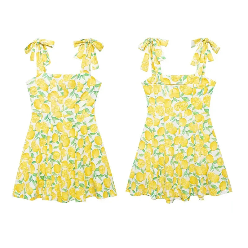 Summer Lemon Print Mini Slip Dress For Women Sweet Square Neck Sleeveless Short Beach Dress Lady Street Holiday Party Vestidos