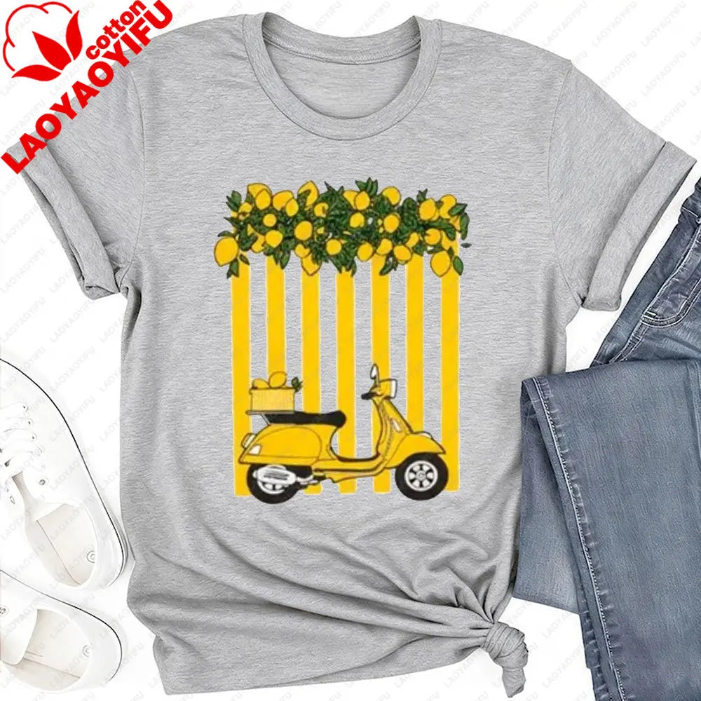 Women's Lemon Scooter Graphic T-Shirt Casual Summer Yellow Striped Print Tee Aesthetic Cotton Tops for Vacation Daily Wear Tops