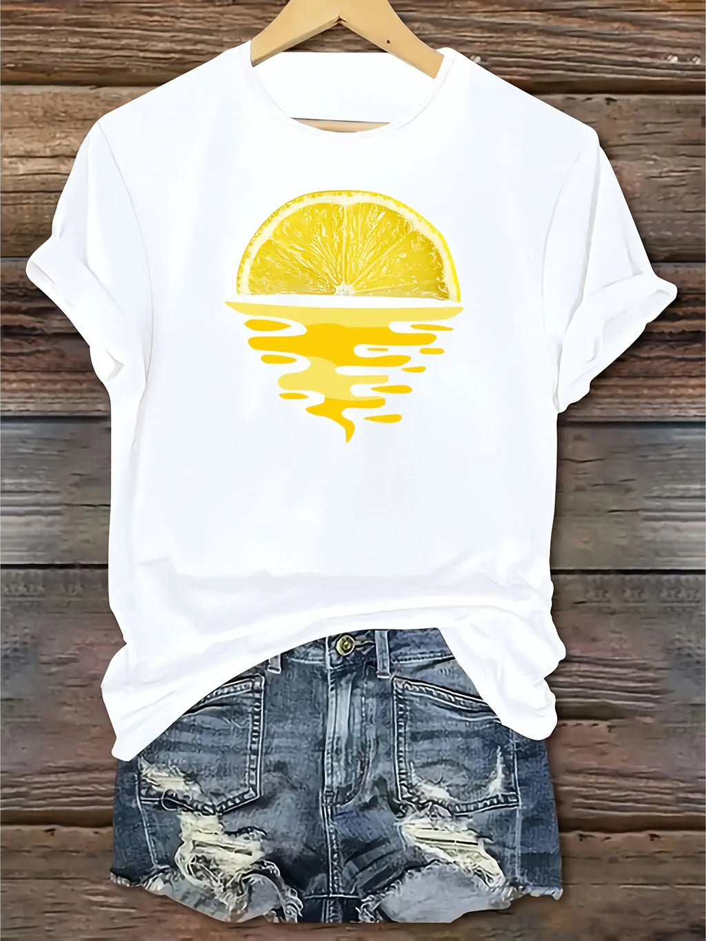 Sunset Lemon Printed T-shirt Casual Short Sleeve Round Neck Top Comfortable Daily Fashion Women's Summer Casual Clothing