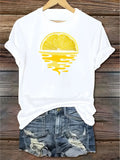 Sunset Lemon Printed T-shirt Casual Short Sleeve Round Neck Top Comfortable Daily Fashion Women's Summer Casual Clothing