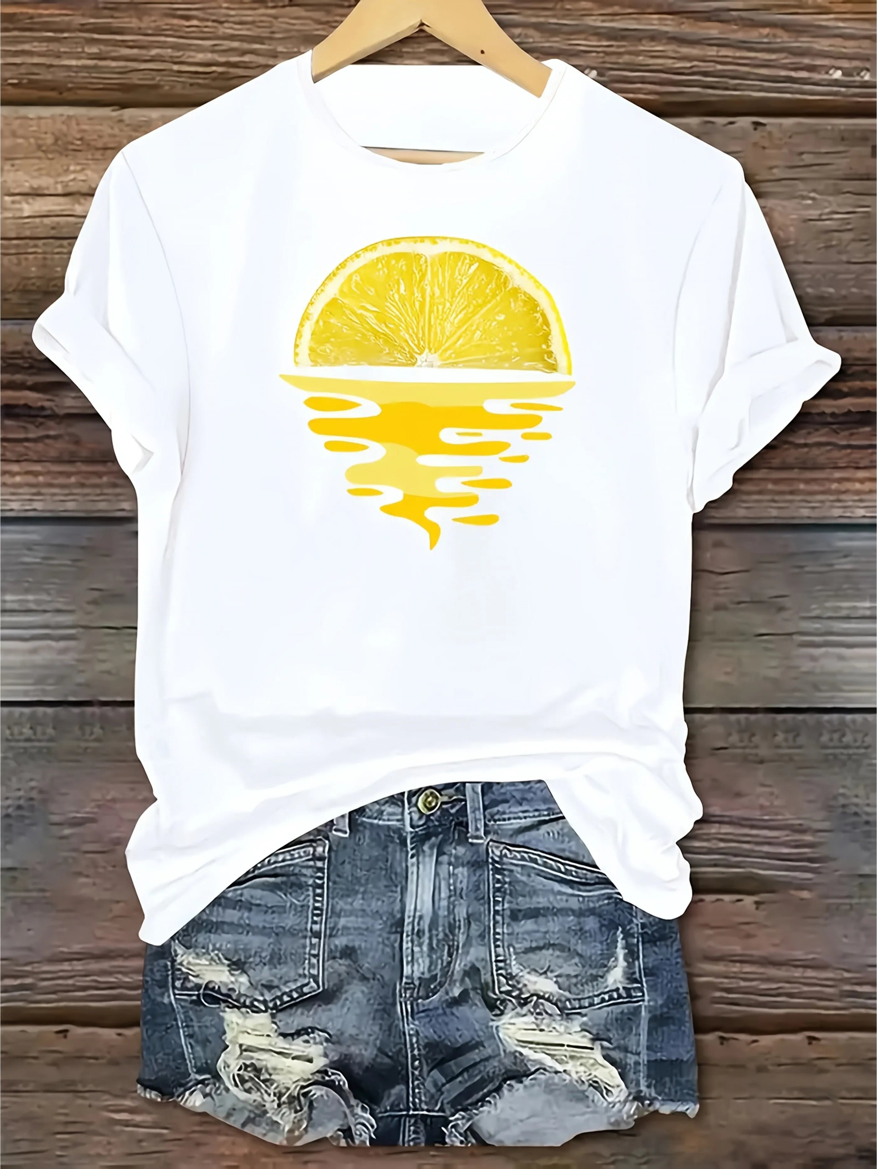 Sunset Lemon Printed T-shirt Casual Short Sleeve Round Neck Top Comfortable Daily Fashion Women's Summer Casual Clothing