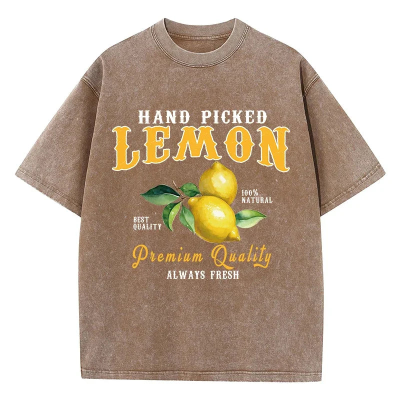 Men's and Women's Washed T-shirt Hand Selected Lemon Fresh Print Short Sleeved Cotton Round Neck Oversized Top Retro Clothing