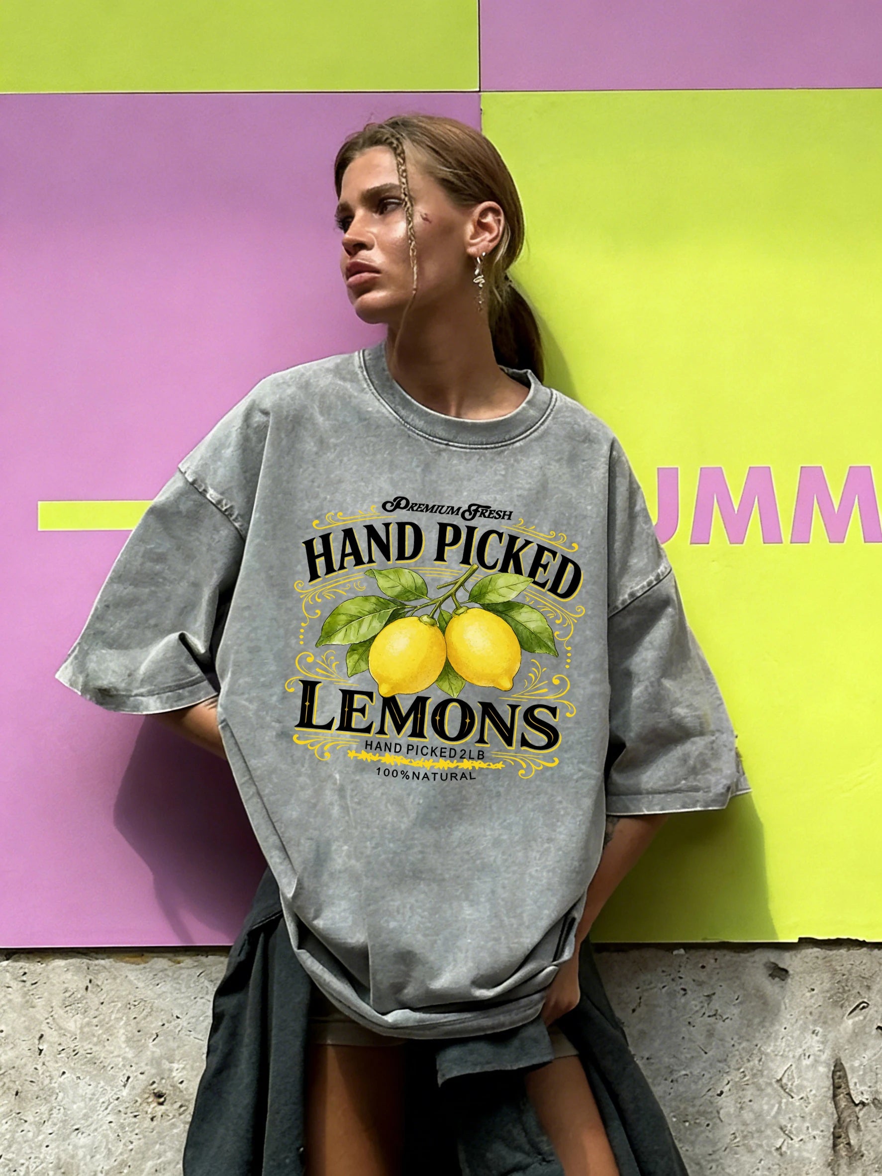 Hand Picked Fresh Lemons Print Women Washed T-Shirt O-Neck Casual T Shirts Cotton Breathable Clothes Summer Loose Short Sleeves