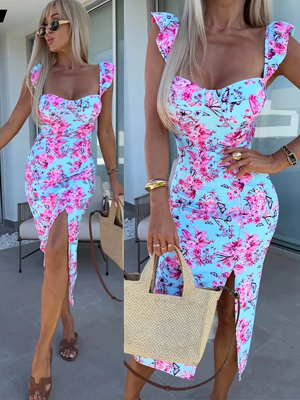 Women's Lemon Print Dress Square Neck Slit Hem Bow Straps Ideal for Summer Vacations Beach Outings Citrus Inspired Styles