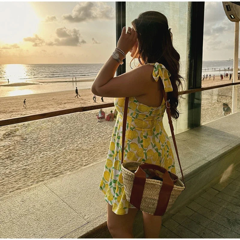 Summer Lemon Print Mini Slip Dress For Women Sweet Square Neck Sleeveless Short Beach Dress Lady Street Holiday Party Vestidos