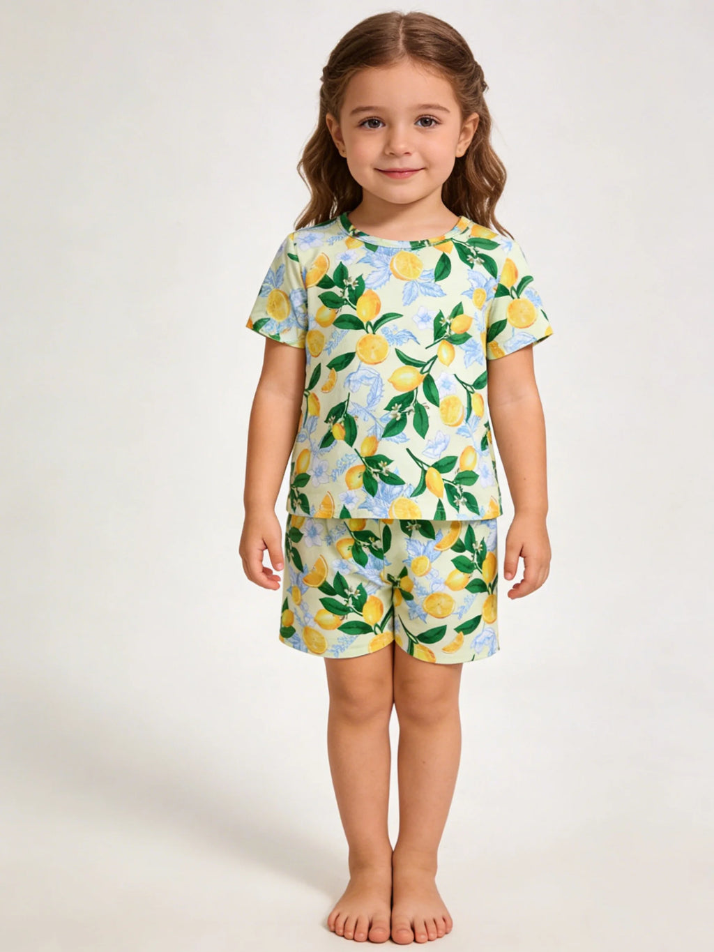 Summer Girls' Lemon Print Set: Loungewear & Casual OutfitWith its soft, fresh and stylish look plus cozy wearing experience, it’
