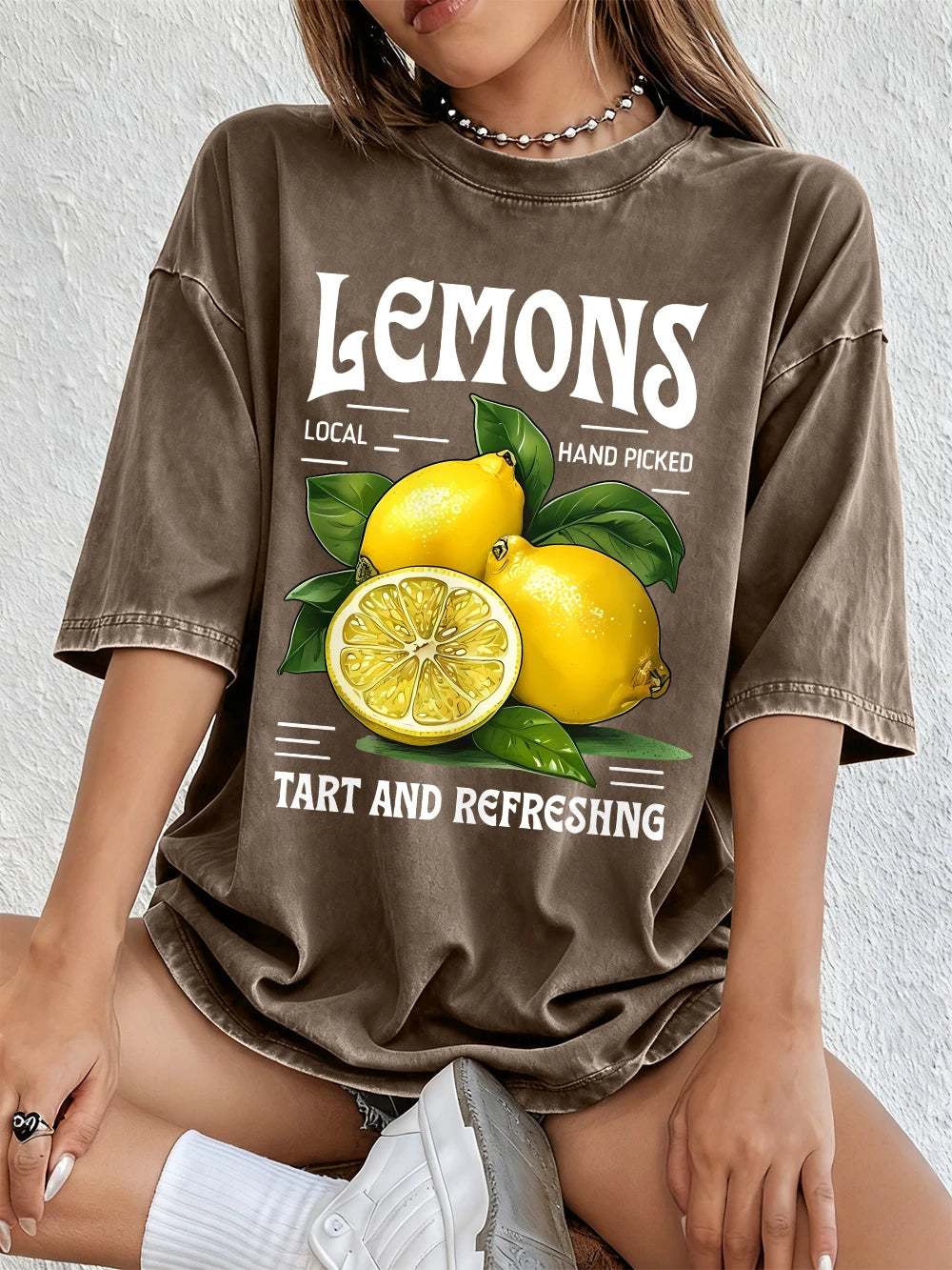 Lemons Local Hand Pickedprints Washed T-Shirts Women Cotton Oversize Tops Comfortable Distressed O-Neck T Shirt Summer Clothes