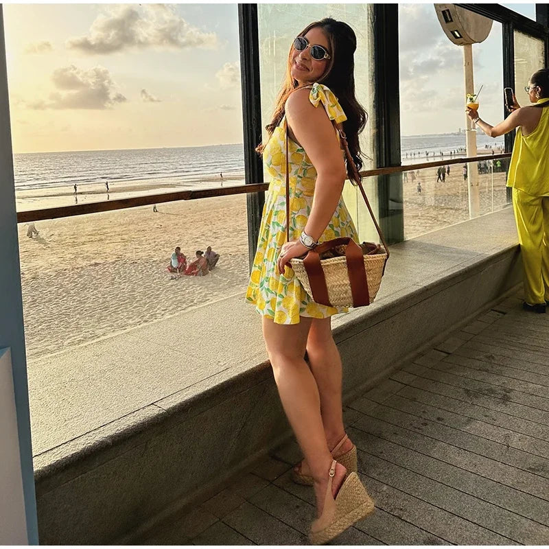 Summer Lemon Print Mini Slip Dress For Women Sweet Square Neck Sleeveless Short Beach Dress Lady Street Holiday Party Vestidos