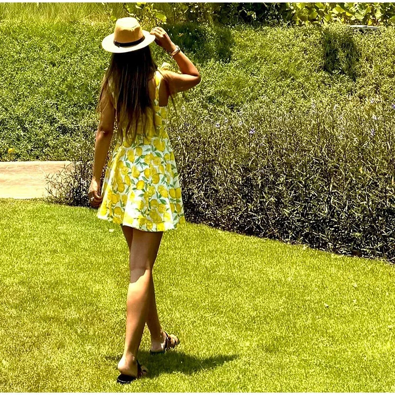 Summer Lemon Print Mini Slip Dress For Women Sweet Square Neck Sleeveless Short Beach Dress Lady Street Holiday Party Vestidos