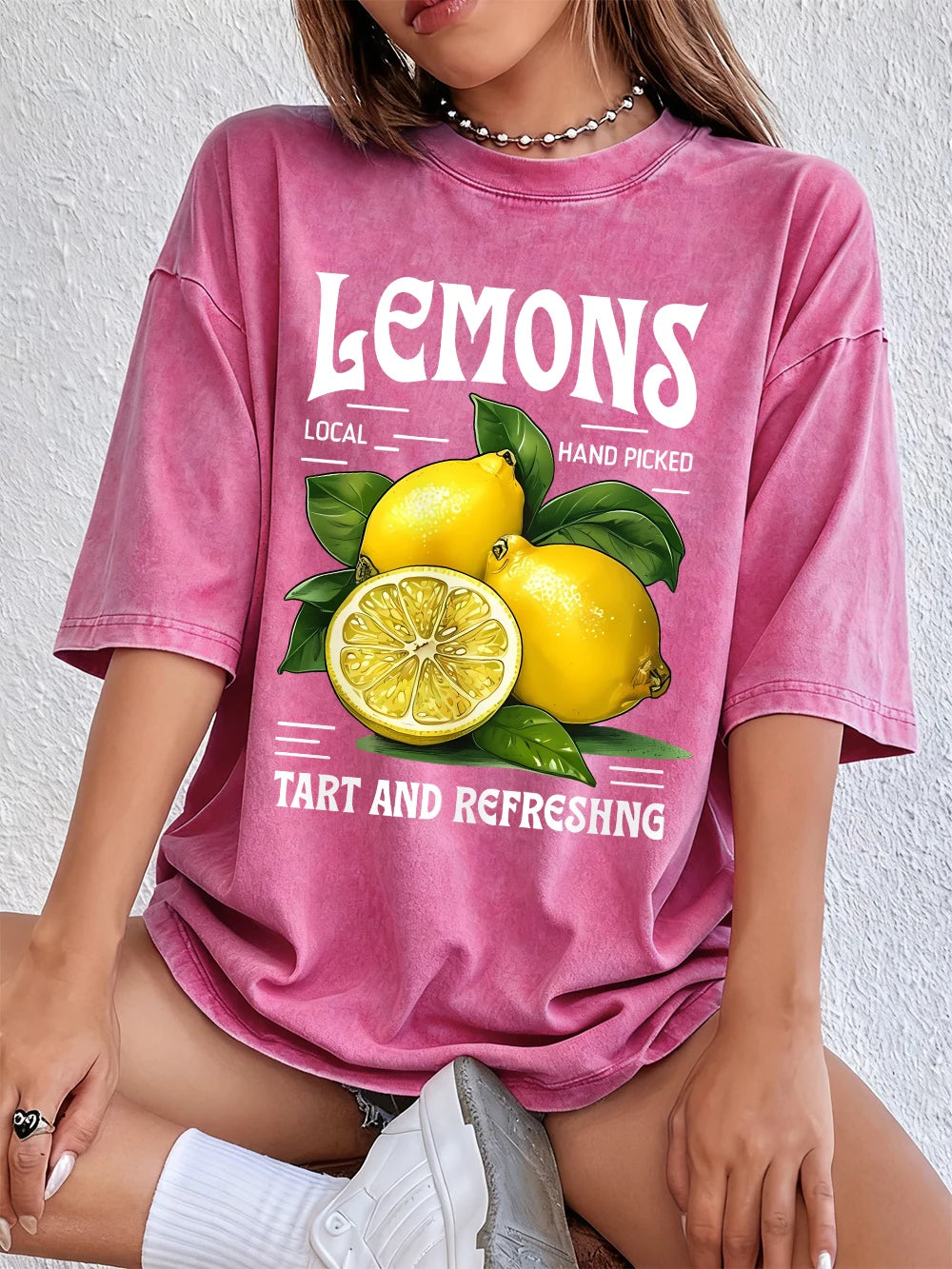 Lemons Local Hand Pickedprints Washed T-Shirts Women Cotton Oversize Tops Comfortable Distressed O-Neck T Shirt Summer Clothes