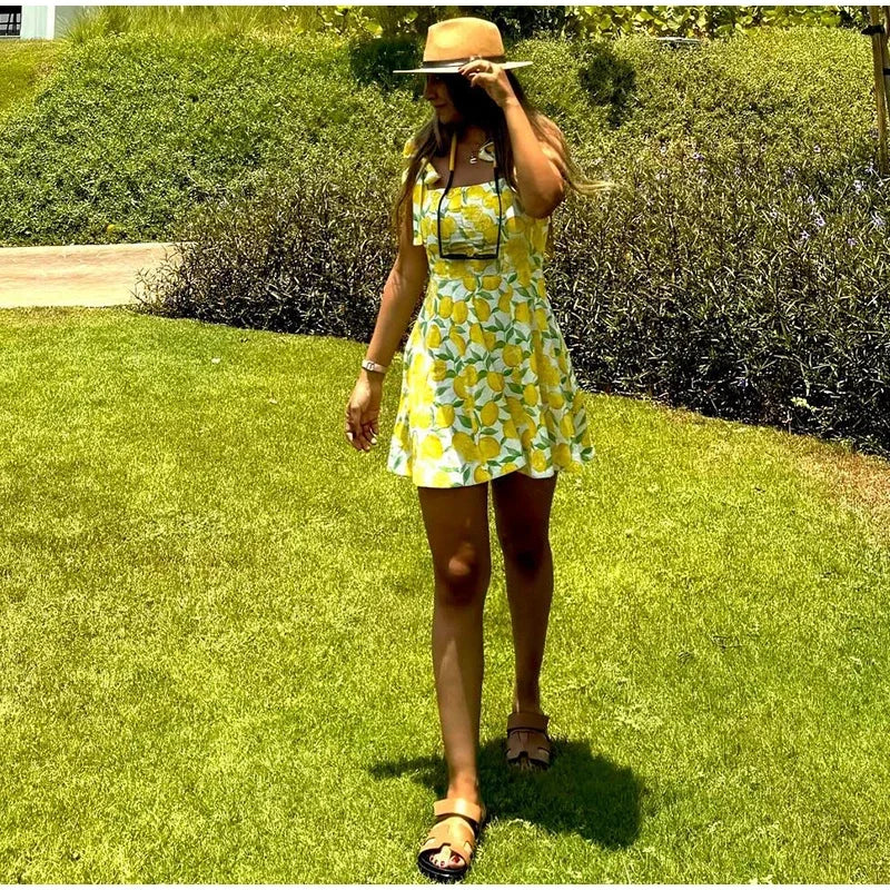Summer Lemon Print Mini Slip Dress For Women Sweet Square Neck Sleeveless Short Beach Dress Lady Street Holiday Party Vestidos
