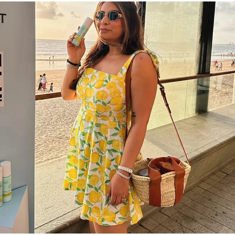 Summer Lemon Print Mini Slip Dress For Women Sweet Square Neck Sleeveless Short Beach Dress Lady Street Holiday Party Vestidos