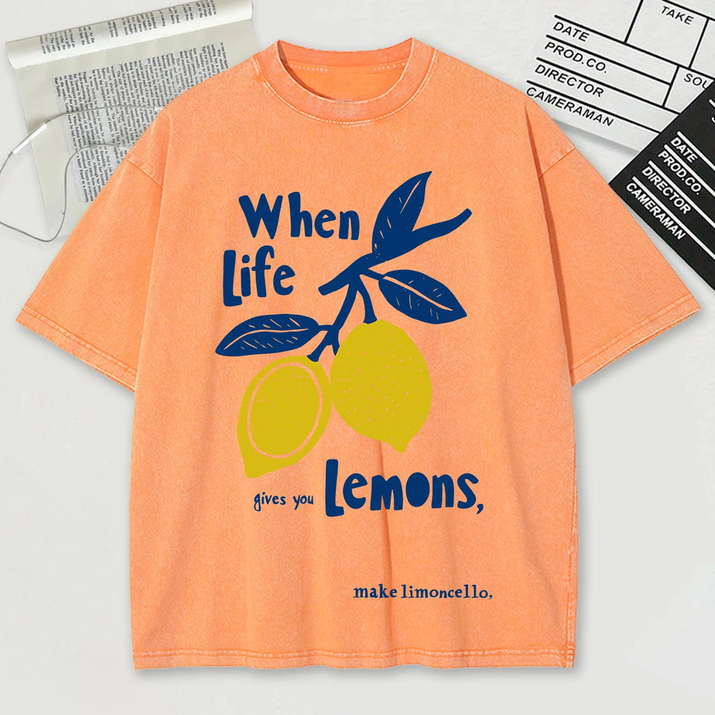 When Life Gives You Lemons Make Limoncello Washed Male T-Shirt Summer O-Neck T Shirt Unisex Soft Cotton Top Retro Short Sleeve
