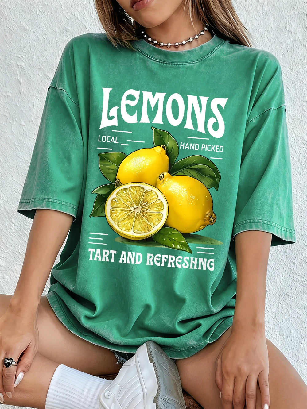 Lemons Local Hand Pickedprints Washed T-Shirts Women Cotton Oversize Tops Comfortable Distressed O-Neck T Shirt Summer Clothes