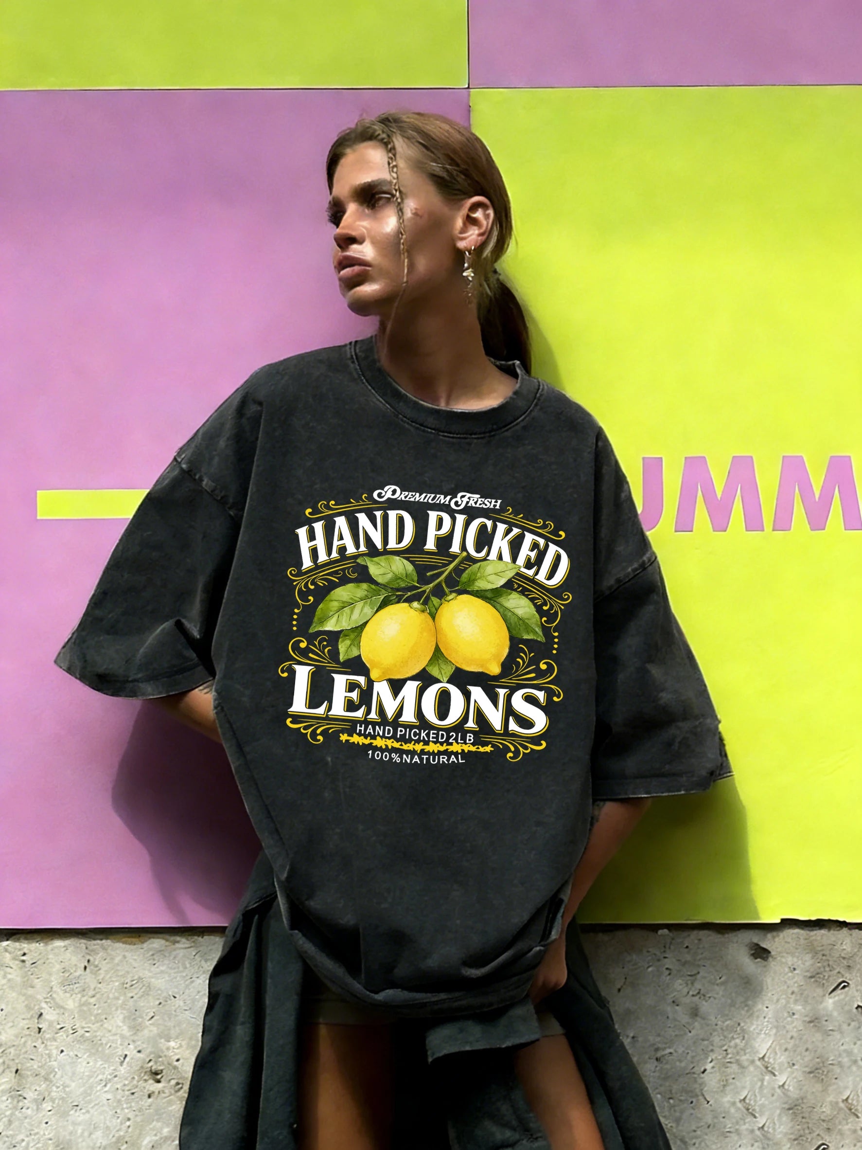 Hand Picked Fresh Lemons Print Women Washed T-Shirt O-Neck Casual T Shirts Cotton Breathable Clothes Summer Loose Short Sleeves