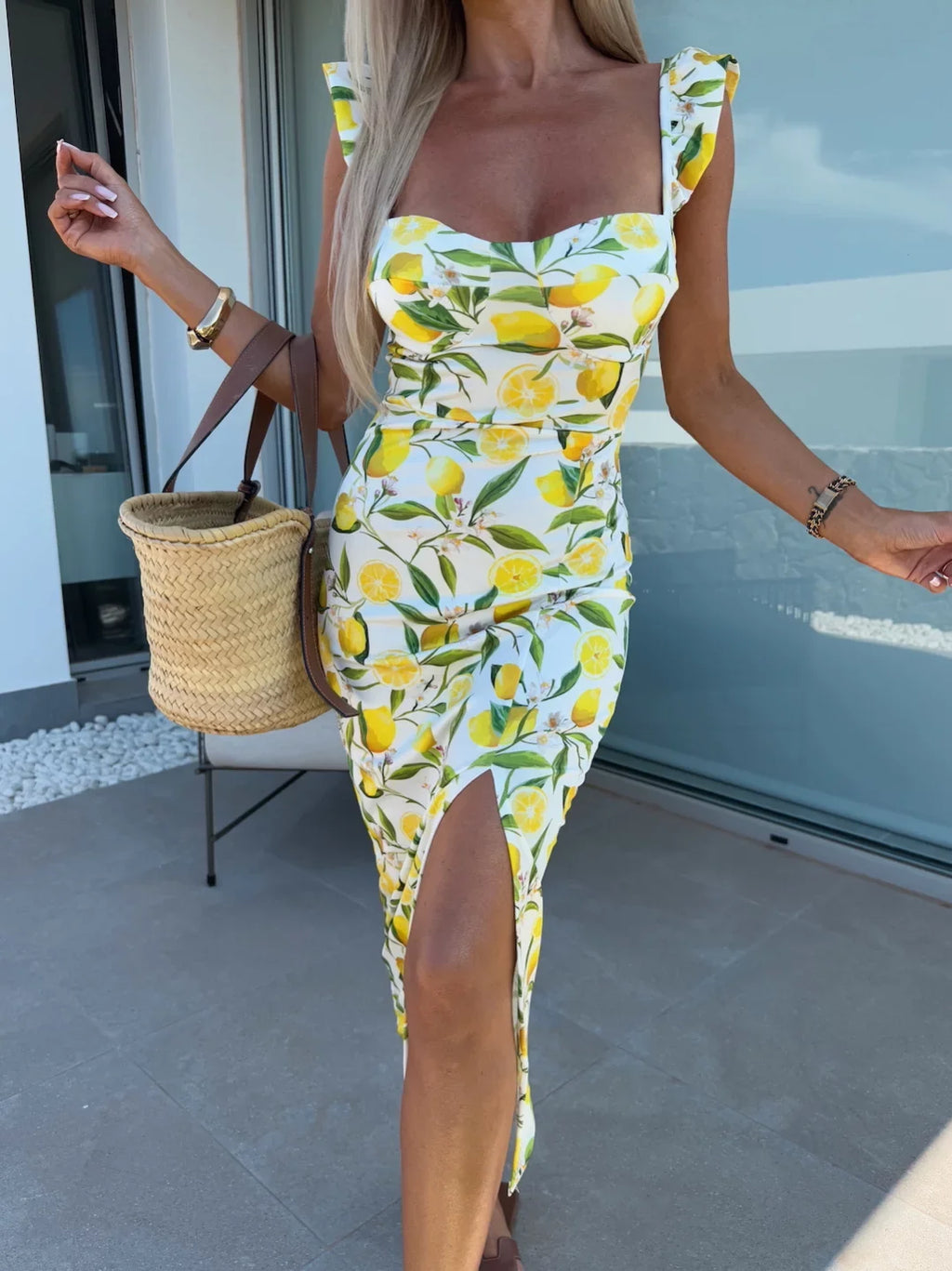 Women's Lemon Print Dress Square Neck Slit Hem Bow Straps Ideal for Summer Vacations Beach Outings Citrus Inspired Styles