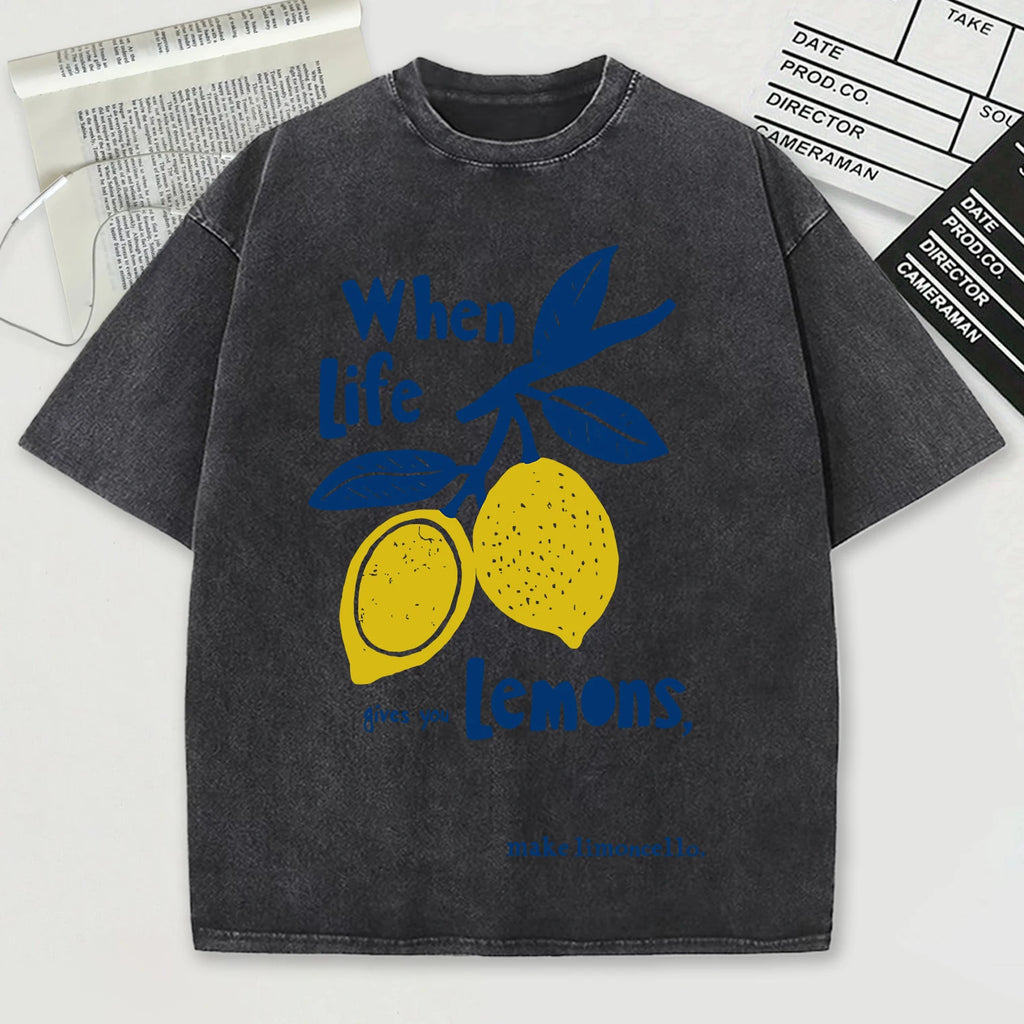 When Life Gives You Lemons Make Limoncello Washed Male T-Shirt Summer O-Neck T Shirt Unisex Soft Cotton Top Retro Short Sleeve
