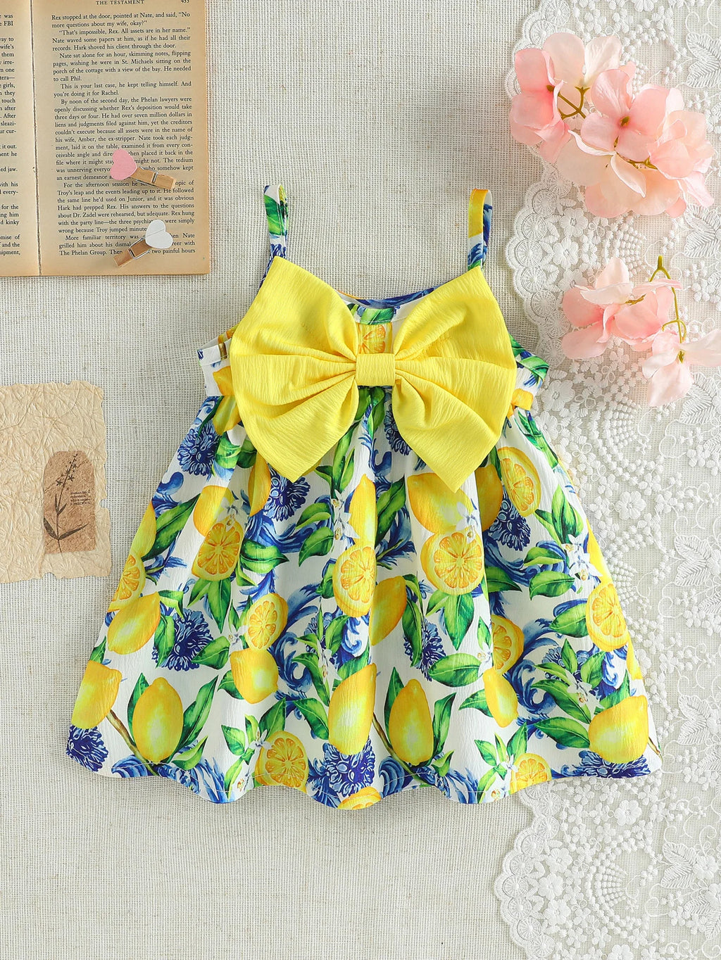 Toddler lemon print sundress with 3D bow, soft & breathable fabric, ideal for daily wear & vacation.