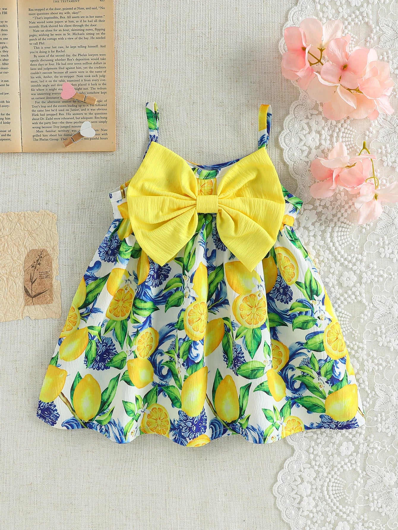 Toddler lemon print sundress with 3D bow, soft & breathable fabric, ideal for daily wear & vacation.
